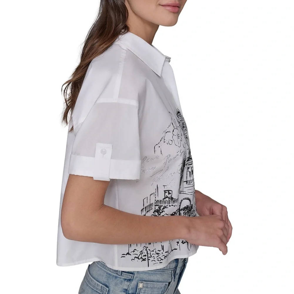 KARL LAGERFELD PARIS Cotton Crop Paris Scene Button-Front Top - Picture 4 of 10